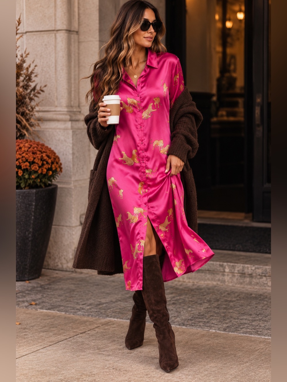 Umgee Nadia Leopard Print Magenta Satin Button Front Midi Shirt Dress NWT